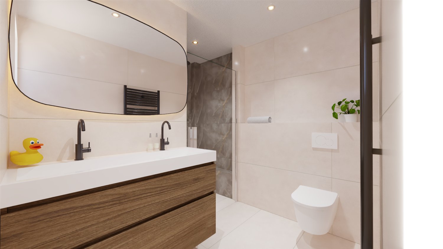 Fotorealistische render van een badkamer met houten meubel en zwarte kranen
